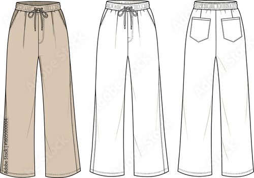 Technical fashion flat sketches of women's relaxed fit wide-leg pants with elastic waist, drawstring, and multiple pocket views, ideal for apparel design and production.