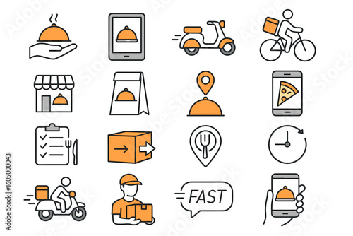 Food delivery icons set - scooter, bicycle, mobile, fast service, meal location