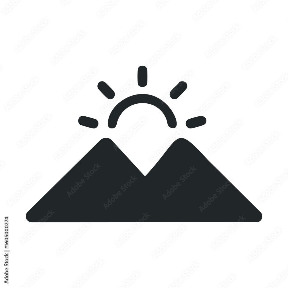Minimalist mountain icon with sun featuring bold black silhouette Minimalist mountain icon with sun featuring bold black silhouette