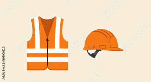 Construction Worker Safety Equipment High Visibility Vest and Hard Hat Illustration