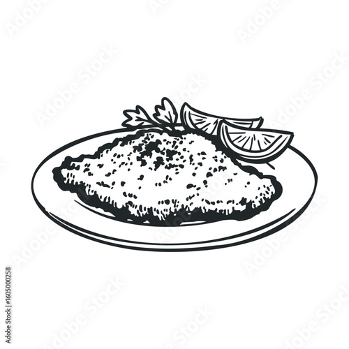 Illustration of breaded cutlet with lemon slices and herb garnish on plate