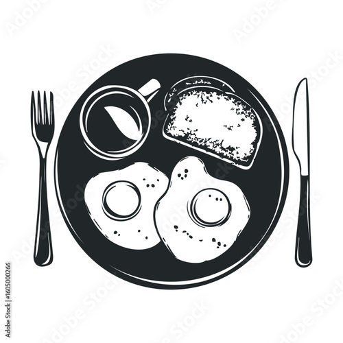 Black and white breakfast illustration with eggs, toast, coffee, fork, and knife