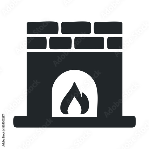 Black and white fireplace icon with brick detail and flame symbol