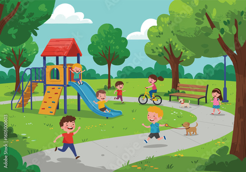 Happy diverse children enjoying a vibrant day at the park playground, playing on a slide, riding bikes, and walking dogs, embodying joyous outdoor recreation and childhood fun.