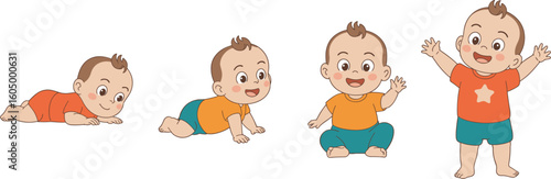 Cute baby boy growing stages illustration, from lying and crawling to sitting and standing, adorable developmental milestones, infant growth and progress.