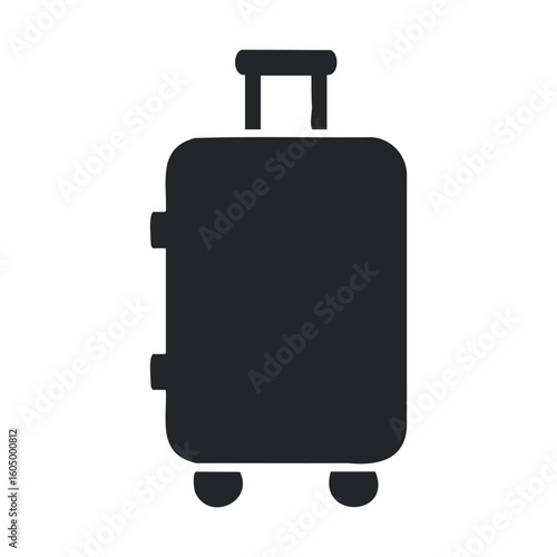 Black travel suitcase icon on white background with telescopic handle and wheels