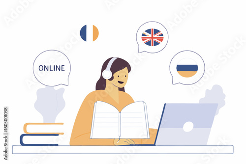 Zdalny kurs językowy. Koncepcja e-learningu, nauki języków obcych online i globalnej komunikacji.