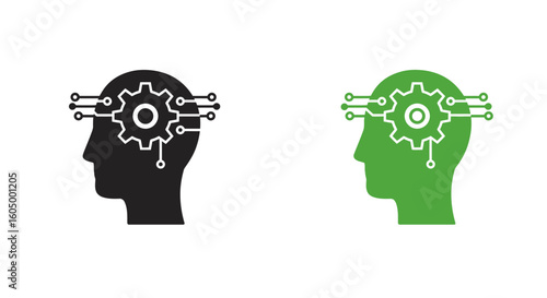 Artificial intelligence concept with black and green human head and gear