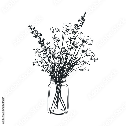 Line art of wildflower bouquet in mason jar on white background