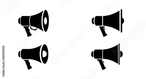 Black megaphone icons on a white background for announcements and communication