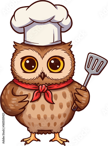 A charming cartoon owl dressed as a chef, ready to cook.