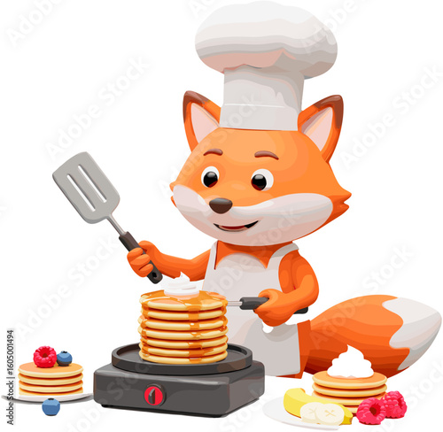 A friendly fox chef expertly prepares a stack of golden pancakes.