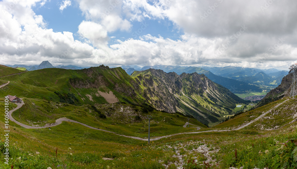Fototapeta premium A breathtaking panoramic view from the Hofatsblick mid-station of the Nebelhornbahn cable car in Oberstdorf