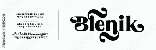 Vintage Curly Serif Display Font. Blenik Retro Bold Typeface. Classic beautiful Modern luxury Serif Letter Minimal Fashion. Typography decoration logotype fonts, wedding, logos. vector illustration