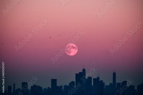 A Serene Pink Moonrise Over a City Skyline at Dusk