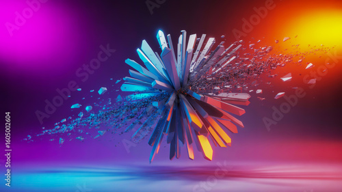 Abstract crystalline structure exploding into fragments with vibrant neon lighting explosion shards