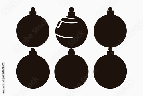 Six dark brown Christmas baubles on white background