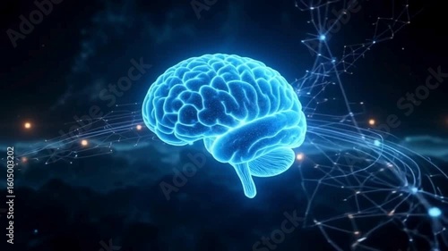 Dynamic glowing blue brain with neural network connections igniting ideas in abstract space