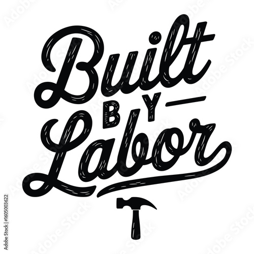 Black retro lettering Built by Labor with hammer graphic