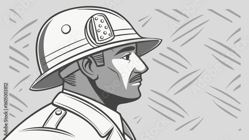 Illustration of a man in a pith helmet with a textured background in grayscale style drawing art