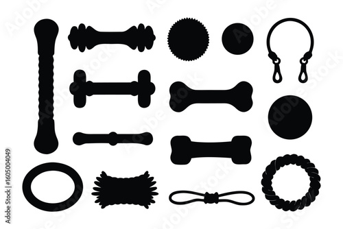 Collection of black silhouette dog chew toys and training accessories for canine enrichment and playtime fun