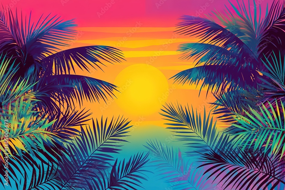 Fototapeta premium Tropical plants and leaves in sunset background vector illustration with gradient color, 80s style, flat design, bright colors, retro, geometric shapes, digital art, vector graphic.