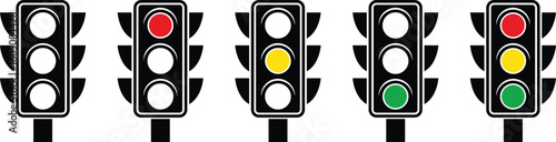 Traffic light signal icon set. Traffic control light signal with red, yellow and green color icon isolated on transparent background. Symbol of road traffic or driving rules. Vector illustration.