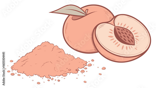 Illustration of a whole peach with a leaf and a peach half next to a pile of peach powder