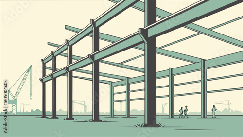 Illustration of a construction site with steel framework and distant cranes with people present