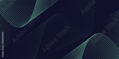 Abstract background with waves for banner. Medium banner size. Vector background with lines. Element for design isolated on black. Black, green and blue. Ocean, night, card