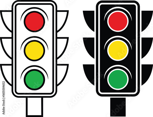 Traffic light signal icon set. Traffic control light signal with red, yellow and green color icon isolated on transparent background. Symbol of road traffic or driving rules. Vector illustration.