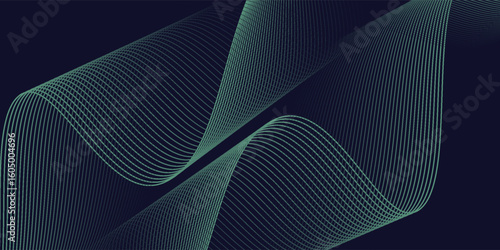 Abstract background with waves for banner. Medium banner size. Vector background with lines. Element for design isolated on black. Black, green and blue. Ocean, night, card