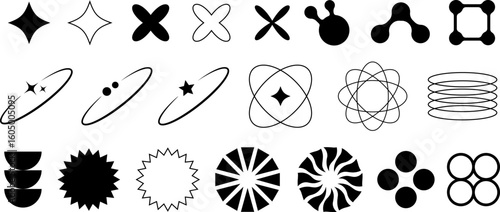 Set of isolated vector shapes in retro futuristic Y2K style. Templates for prints, banners, stickers and business cards, digital design.