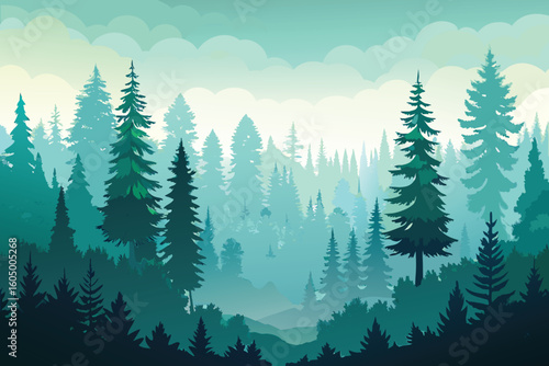 Watercolor panoramic illustration of a misty evergreen forest with layered pine and fir trees in muted greens and blues

