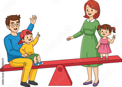 Cartoon family playing on seesaw at playground, joyful parents and children in colorful outfits, vector illustration isolated on white background