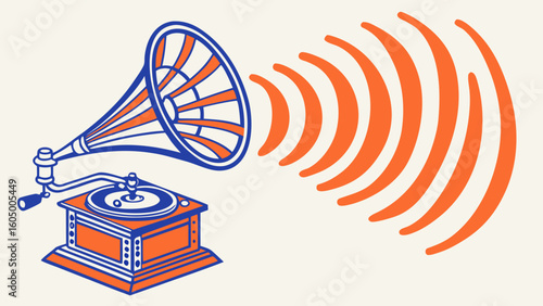 Illustration of a vintage phonograph with horn speaker and sound waves emanating outward in orange