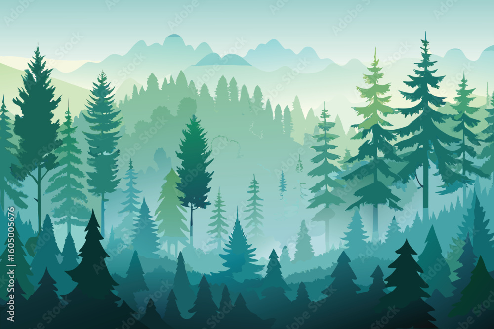 Fototapeta premium Watercolor panoramic illustration of a misty evergreen forest with layered pine and fir trees in muted greens and blues