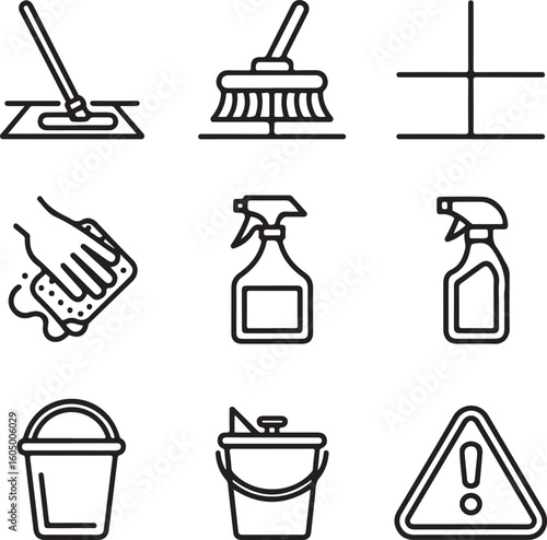 Tile Cleaning and Maintenance Icon Set – Mopping, Grout Brushing, Floor Polishing, and Stain Removal Tools