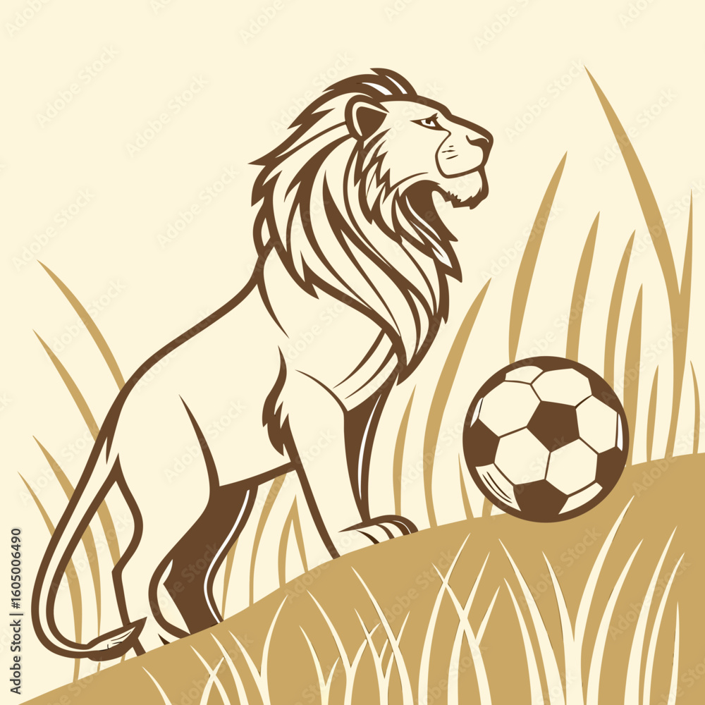 Fototapeta premium Lion king holding soccer ball symbol