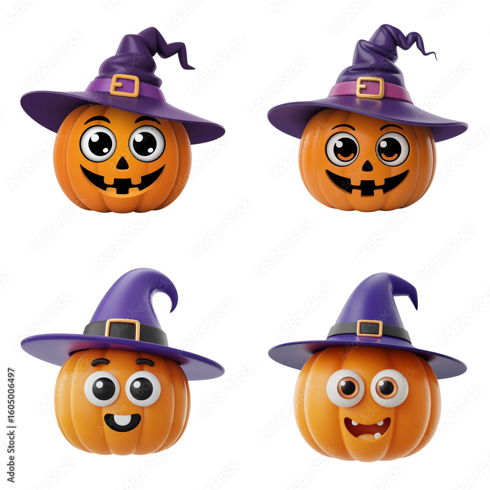 Fototapeta premium Four smiling Halloween pumpkins wearing purple witch hats 