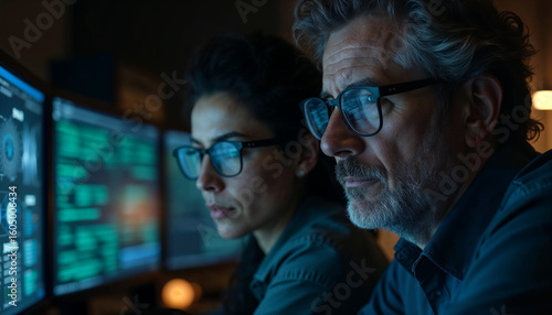 A team of cybersecurity analysts, including a young African American woman and a middle-aged Caucasian man, collaborating in a dark operations room, multiple screens showing real-time threat analysis