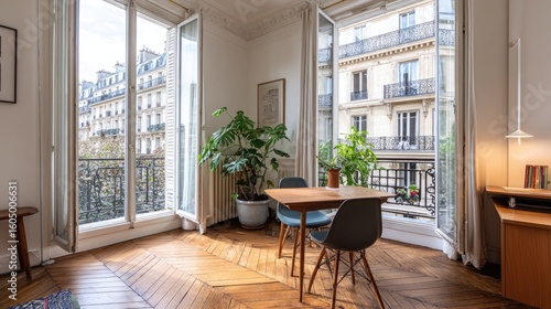 Parisian apartment interior with large windows overlooking a city street.