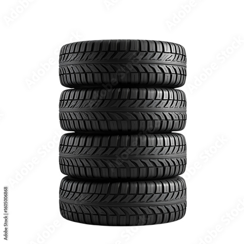 Stack of four black tires with tread pattern isolated on transparent background