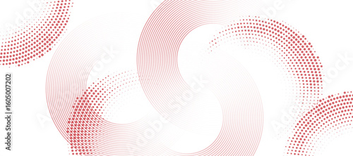 Abstract white background with red circle lines. halftone dots decoration. Modern banner template. Digital future technology concept.