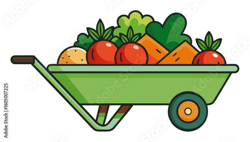 Wheelbarrow filled with fresh vegetables including tomatoes and carrots  
