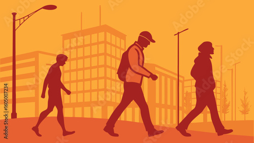 Pedestrian walking street scene illustration urban lifestyle city background silhouette walking people vector