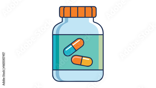 Bottle of medicine with colorful capsules inside  