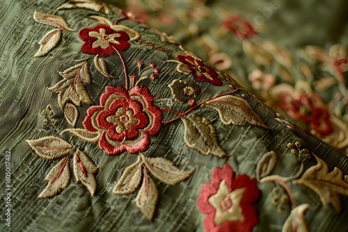 Wallpaper Mural Close-up of a fabric with floral embroidery. Predominant colors are olive green, red, and beige. Soft, diffused lighting. Torontodigital.ca