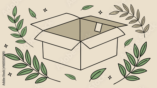 Open cardboard box with leaves and stars for delivery packaging and unboxing experience concept vector art