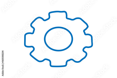 The image depicts a gear or settings icon outlined in blue against a white background. The icon has a circular center with evenly spaced teeth around the outer edge, representing a cogwheel